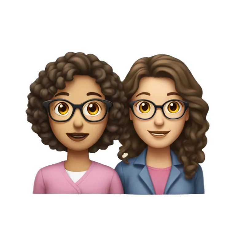 brunette girl with long hair and mom with short curly hair white mom has glasses