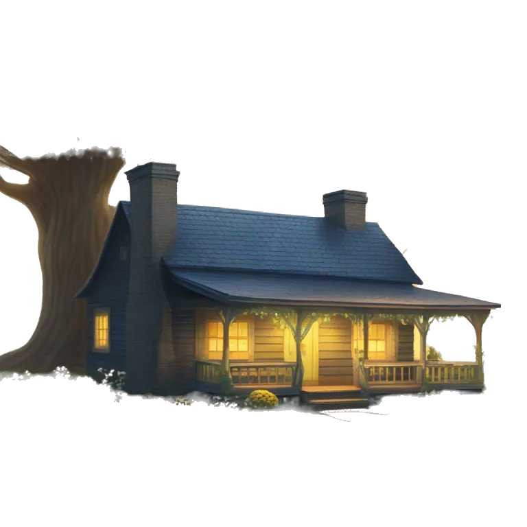 very very big Cabin near a big tree.  Thick moss growing on the roofs. grass fields. porch lights turned off. bright white interior lights turned off. guests sitting in chairs on the porch, flowers and bushes are yellow and blue.