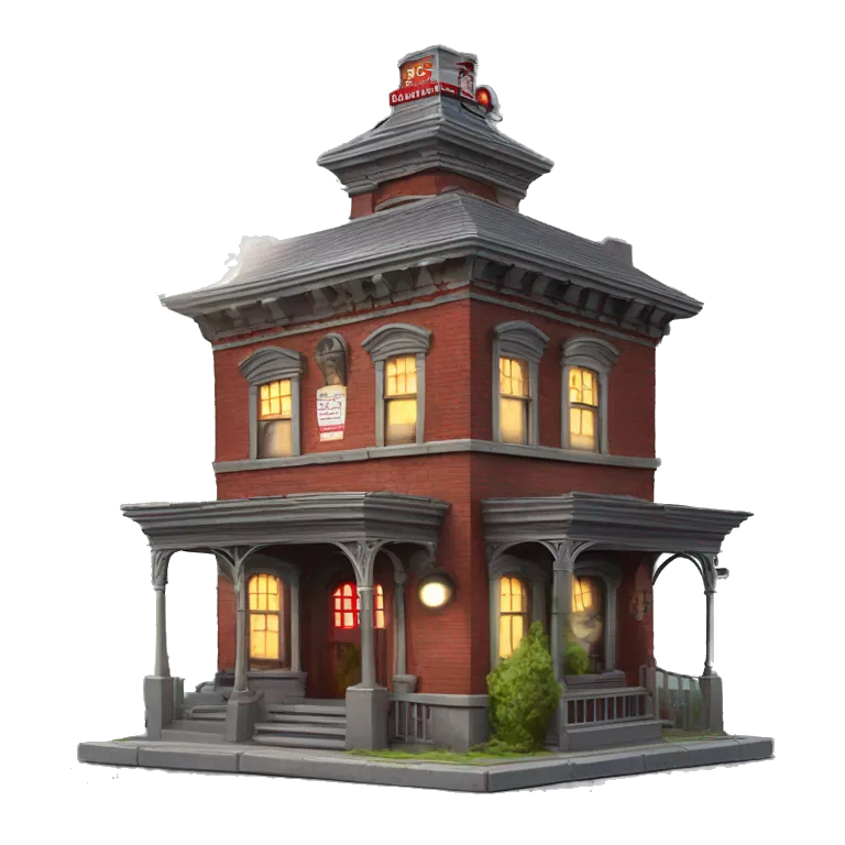 Very old dilapidated Firehouse building shaped like the Ghost Busters Firehouse with solar lights and decorative and detailed