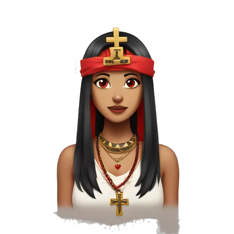 anime woman with red and black hair, wearing a hawaiian shirt, red eyes, wearing a cross necklace, wearing a red and black nemes pharaoh headdress