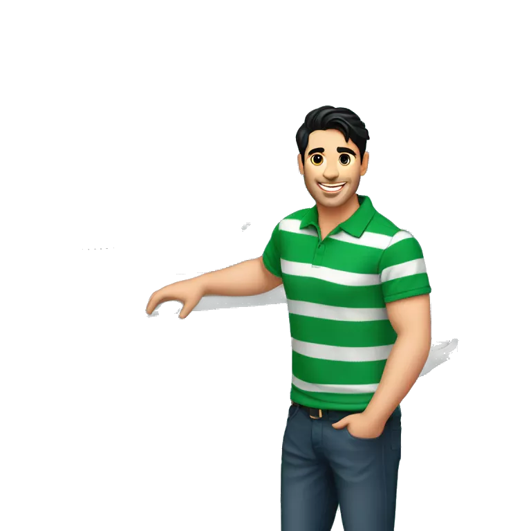 smiling handsome guy with black hair wearing green and white stripped polo tshirt standing near railing of a cruise ship with sea in the background.