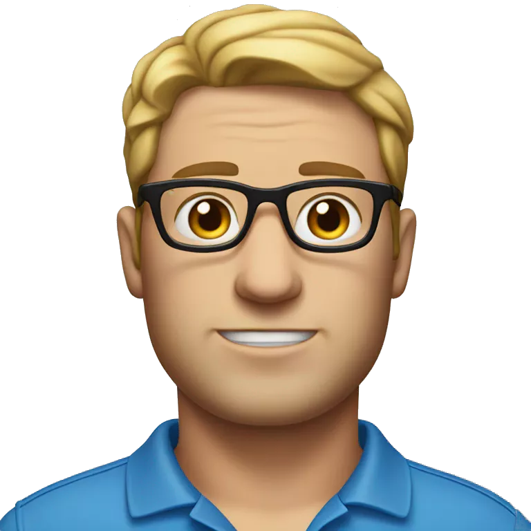 Emoji of a man with glasses, no beard, white skin and a thick build, wearing a blue polo shirt
