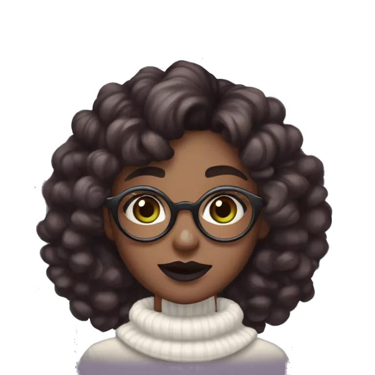 kawaii woman, green eyes, dark brown hair, super curly pigtails, white turtleneck, dark skin color, glasses, dark plum lipstick on full lips, hype expression.