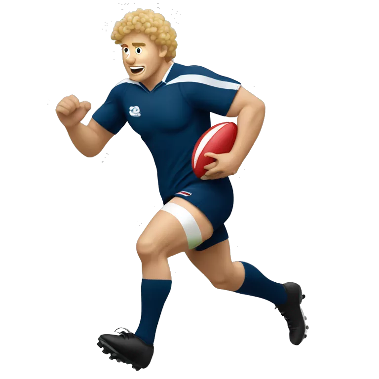 Rugby player that is a white guy with curly blonde hair and is runing with a rugby ball