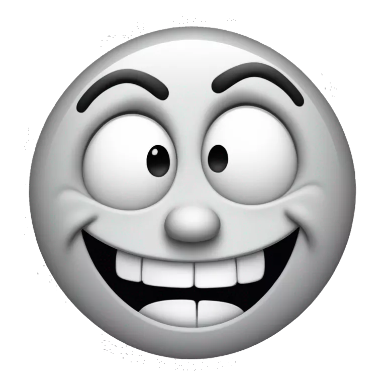 A crudely drawn black-and-white face with an exaggerated grin, large, uneven eyes, a small curved nose, and a wide mouth filled with blocky, misaligned teeth. The head is lopsided and appears to be melting or distorted, with wavy lines for wrinkles.