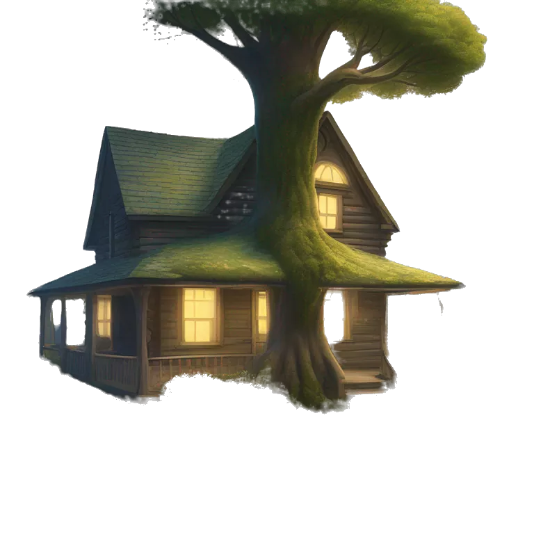 very very big Cabin near a big tree.  Thick moss growing on the roofs. grass fields. porch lights turned off. bright white interior lights turned on. guests sitting in chairs on the porch, flowers and bushes are yellow and blue.