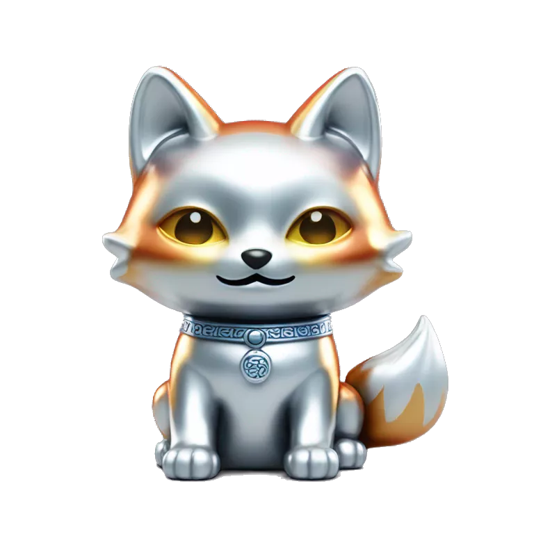 fully chrome fox statue in the form of maneki neko