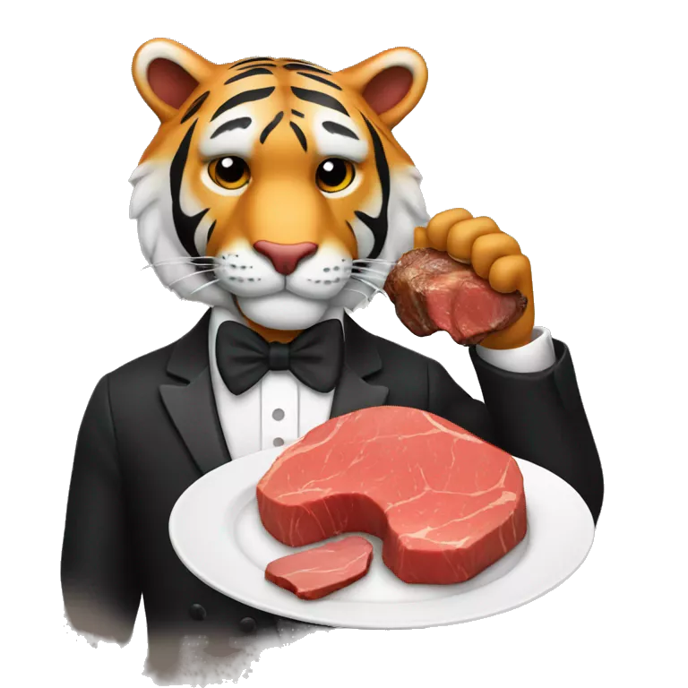 Tiger wearing a tuxedo eating a steak
