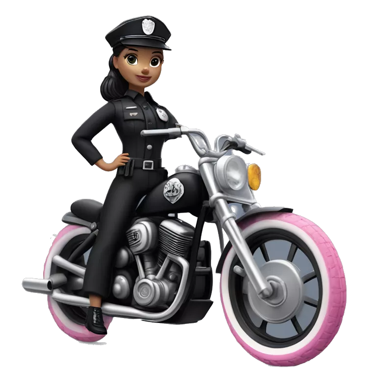 Bouclé Beauty Barbie, Wednesday Addams from academy, in vertically-striped dark-gray and black police officer’s uniform with small hat. Leaning back at the hips, riding a wheelie on a hot rod bike smiling
