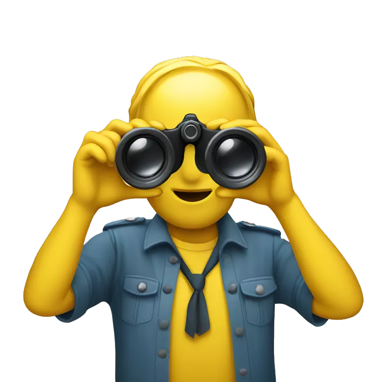 yellow emoji with hands holding a pair of binoculars to its fa