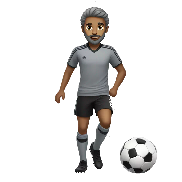 boy in gray soccer uniform and black shorts with gray beard  and hair kicking a soccer ball