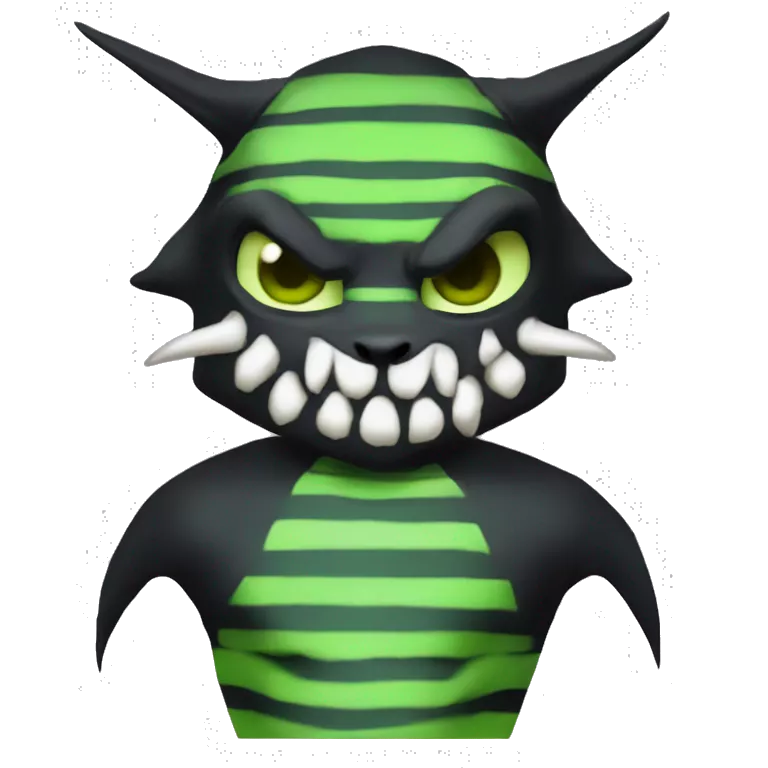 Digimon-Fakémon, horns, black body, green mane, anthro, furry, shark, black skull face, black skull mask, green stripes, tufted tail,