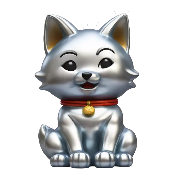fully chrome fox statue in the form of maneki neko