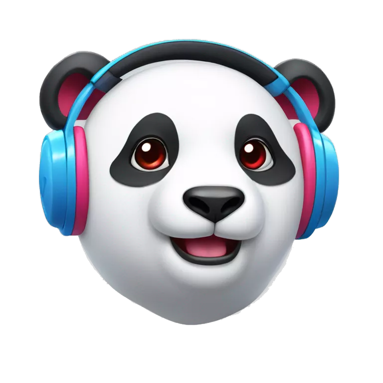 white panda, wit red ears, with red blue pink headphones, with one button eye