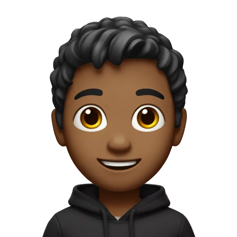A 3D Memoji of a boy with a friendly expression, wearing a black hoodie and waving while saying &quot;hi&quot;. The Memoji should have vibrant and expressive facial features with realistic textures.