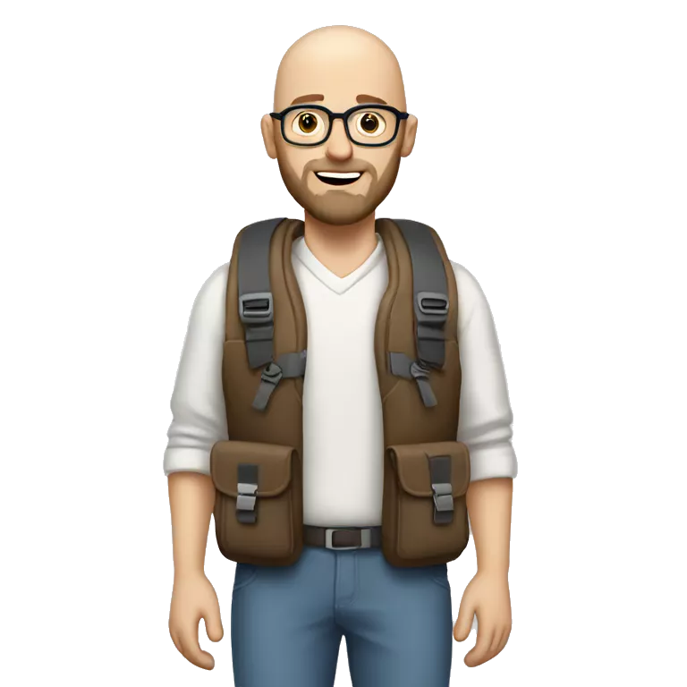 white bald man with beard, glasses, brown eyes and a traveling backpack