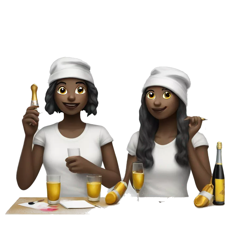 two girls one black and one once, dressed as painters with paint brush and paint all over drinking champagne