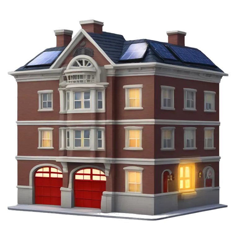 Apartment building shaped like the Ghost Busters Firehouse with solar lights and decorative and detailed interior design