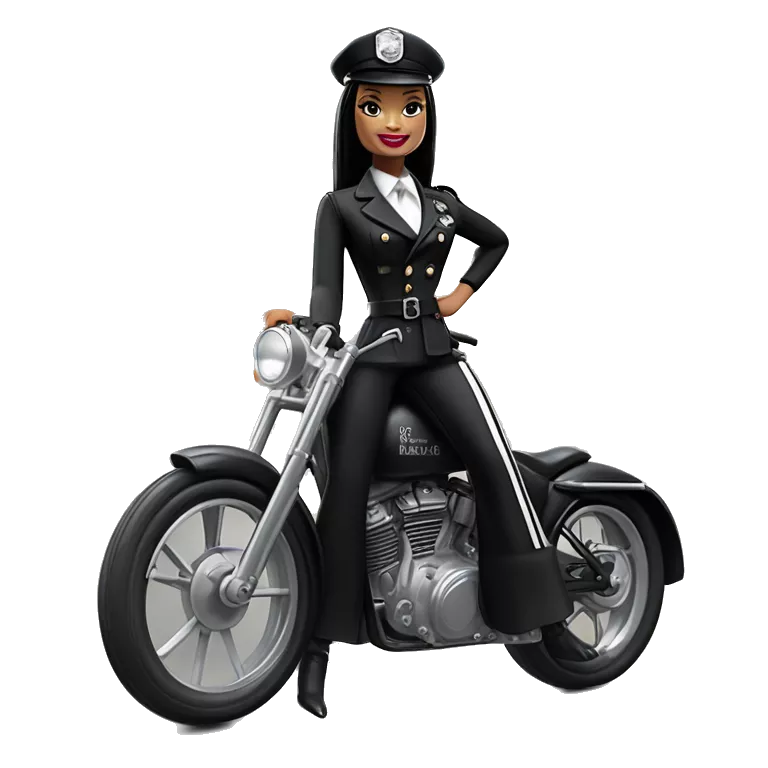 Jeffery New York Evening Gown Barbie, Wednesday Addams from academy, in vertically-striped dark-gray and black London police officer’s uniform with hat. Leaning back at the hips, riding a wheelie on a hot rod bike smiling