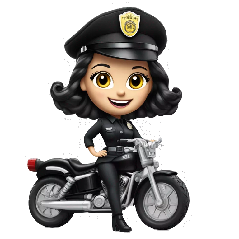 Bouclé Beauty Barbie, Wednesday Addams from academy, in vertically-striped dark-gray and black police officer’s uniform with small hat. Leaning back at the hips, riding a wheelie on a hot rod bike smiling