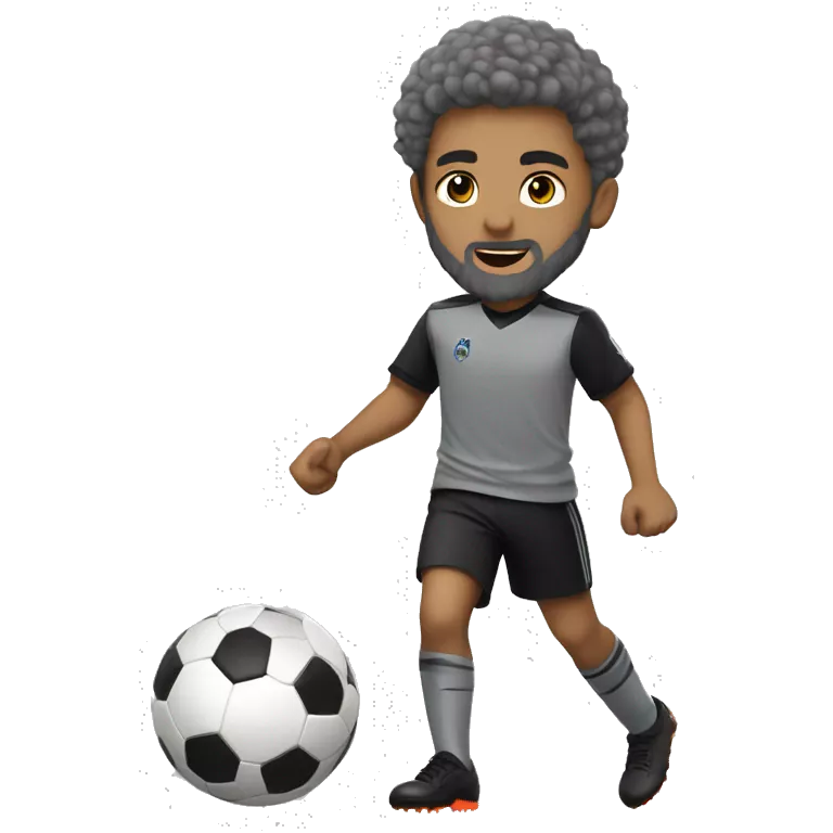 light skinned boy in gray soccer uniform and black shorts with gray beard  and hair kicking a soccer ball