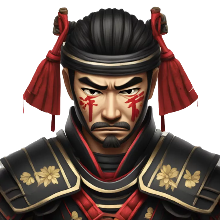 sad shogun samurai in black and red colors armor is crying coz he lost in poker