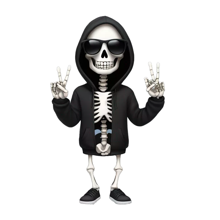 skeleton in a black sunglasses and black hoodie holding up the peace sign