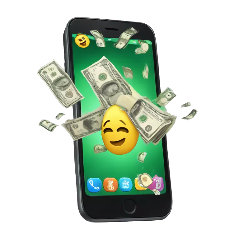 phone with cash bursting out of the screen, screen filled with cash