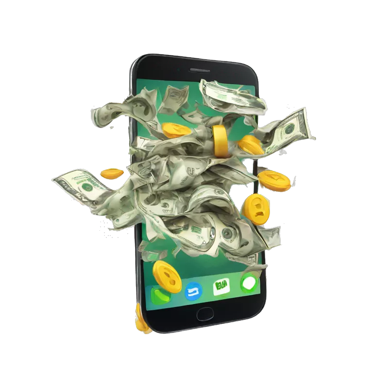 phone with cash bursting out of the screen