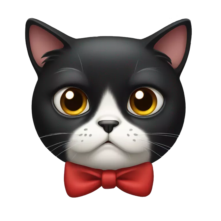 Grumpy Black cat with mostly black face but white chin, wearing red Bow tie