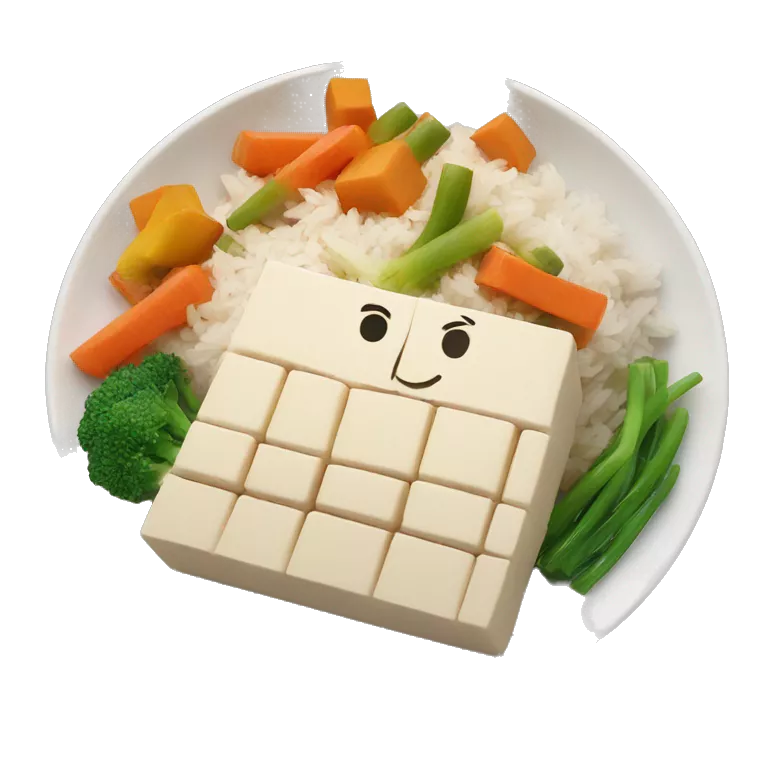 plate with tofu vegetables, rice