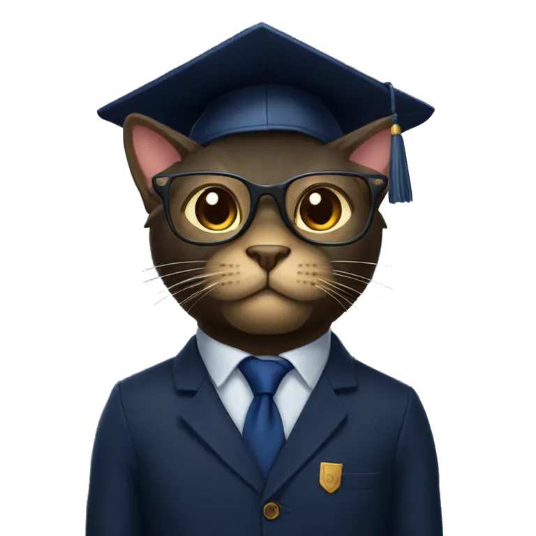 The student is a black wool cat in a dark blue suit, a square academic dark blue cap and golden glasses