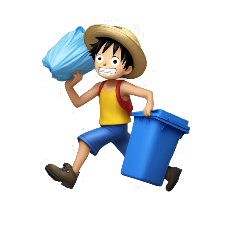 Luffy from one piece taking out his recycling bin, which has a blue body and yellow bin lid. He is wheeling the bin outside