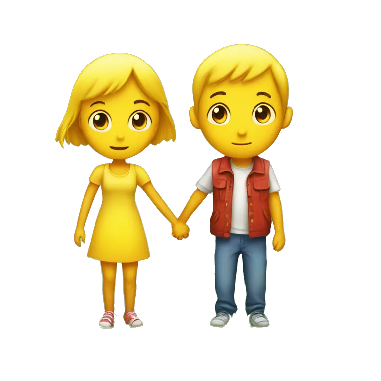 two bright yellow emojis of a boy and a girl holding hands on a lush green grass field. The girl is looking away, as if she is about to leave. The boy is looking at her with a sad expression, as if he doesn't want her to go.