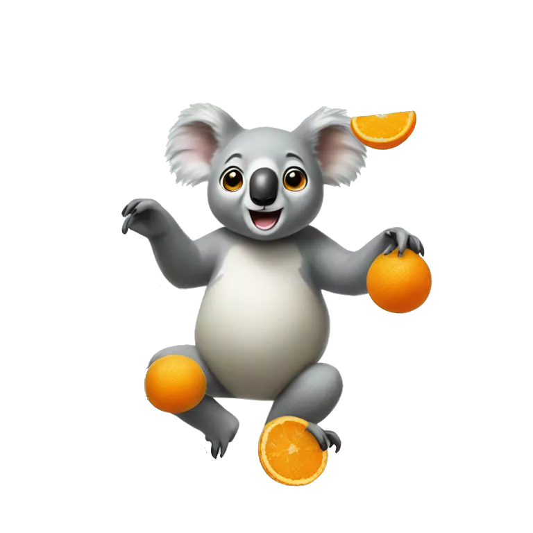 koala juggling avocados and oranges