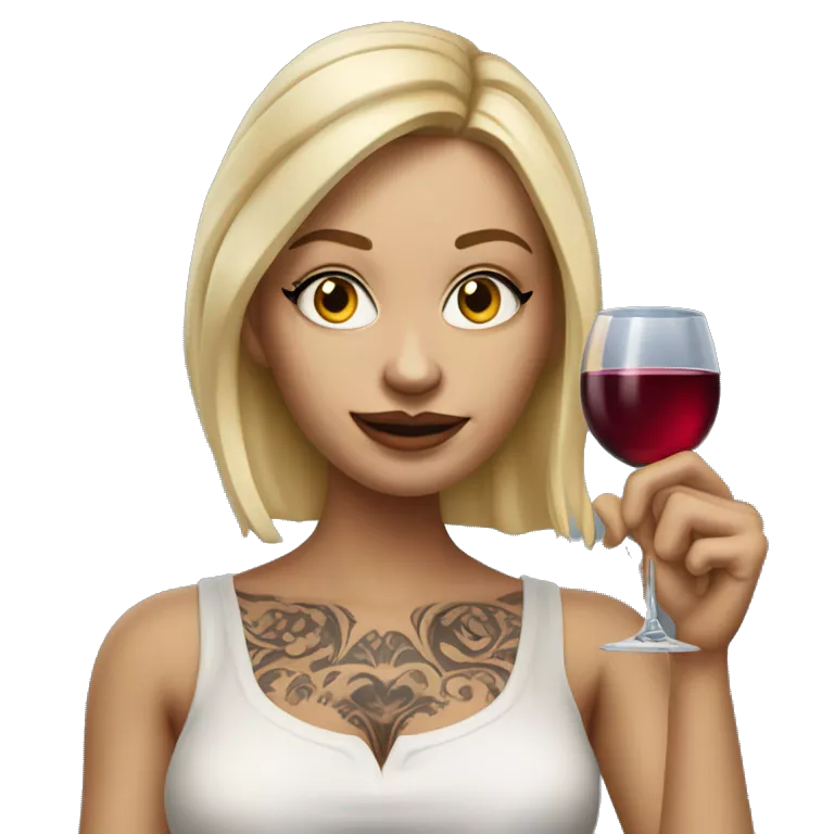 Create a hyper-realistic emoji of a blonde woman with elegant features. She has a body covered in tattoos, holding a glass of wine in one hand, while pointing forward with her other hand.