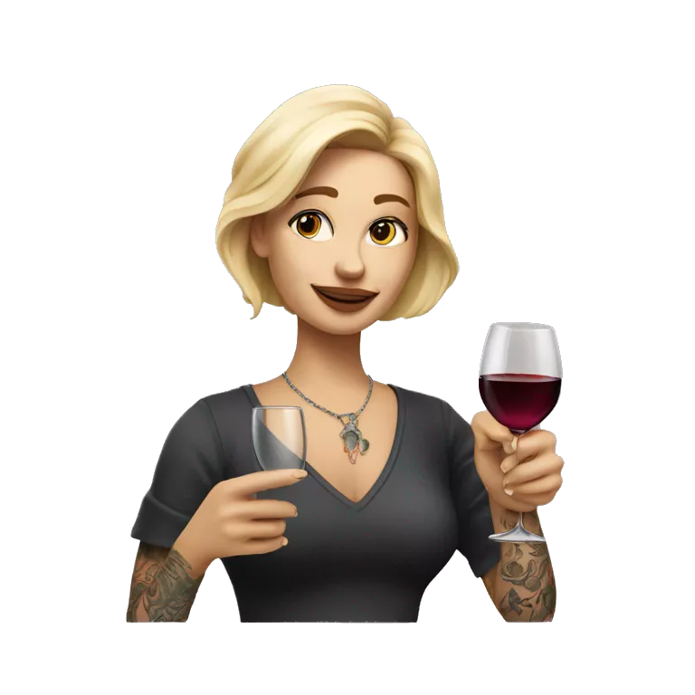 Create a hyper-realistic emoji of a blonde woman with tattoos, holding a glass of wine in one hand and pointing forward with the other, with an elegant and minimal design.