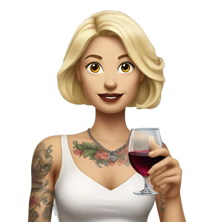 Create a hyper-realistic emoji of a blonde woman with elegant features. She has a body covered in tattoos, holding a glass of wine in one hand, while pointing forward with her other hand.