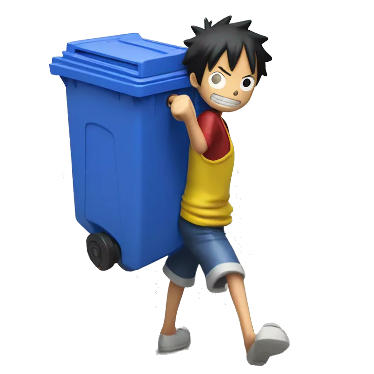 Luffy from one piece taking out his recycling bin, which has a blue body and yellow lid. He is dragging the bin outside