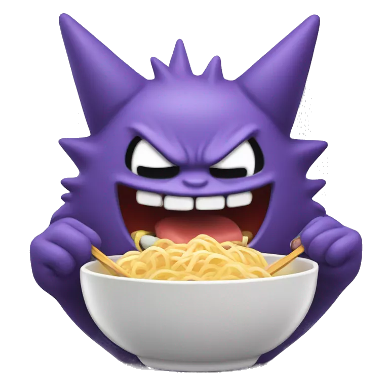 iOS emoji art style, Gengar, eating ramen noodles.