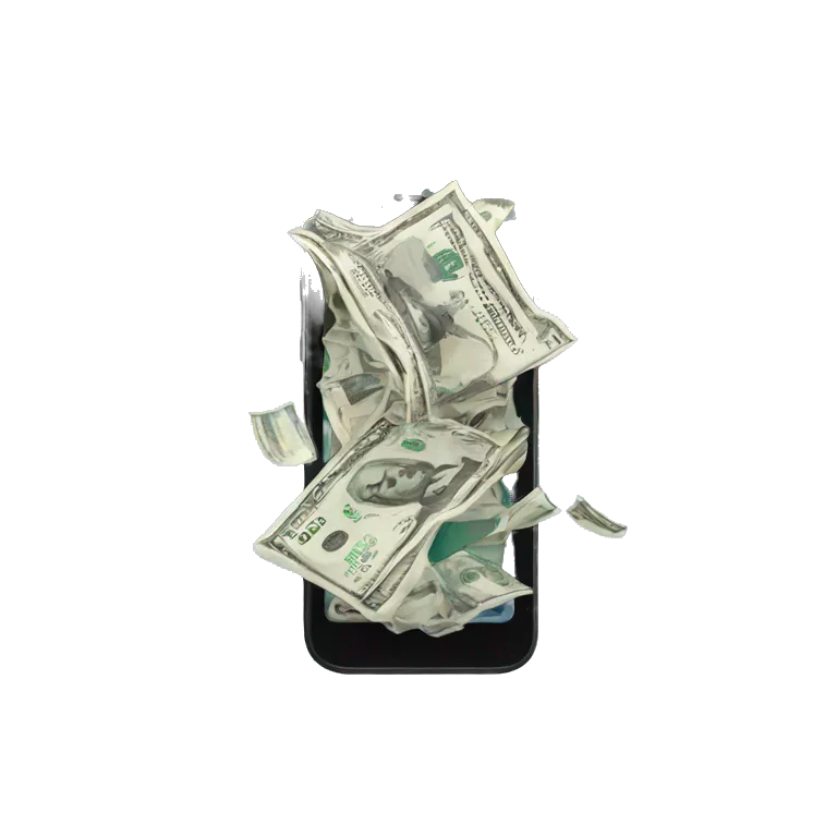 phone with dollar bills bursting out of the screen