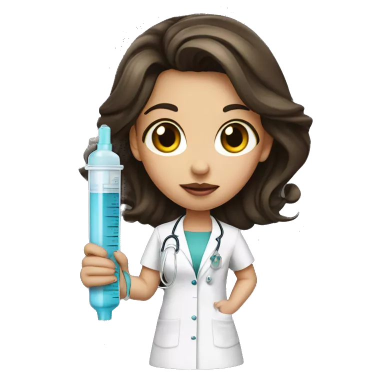girl, brunette, big lips, in a medical gown with a medical syringe