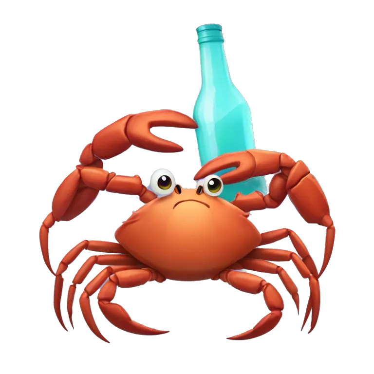 Glitch crab holding bottle of wi