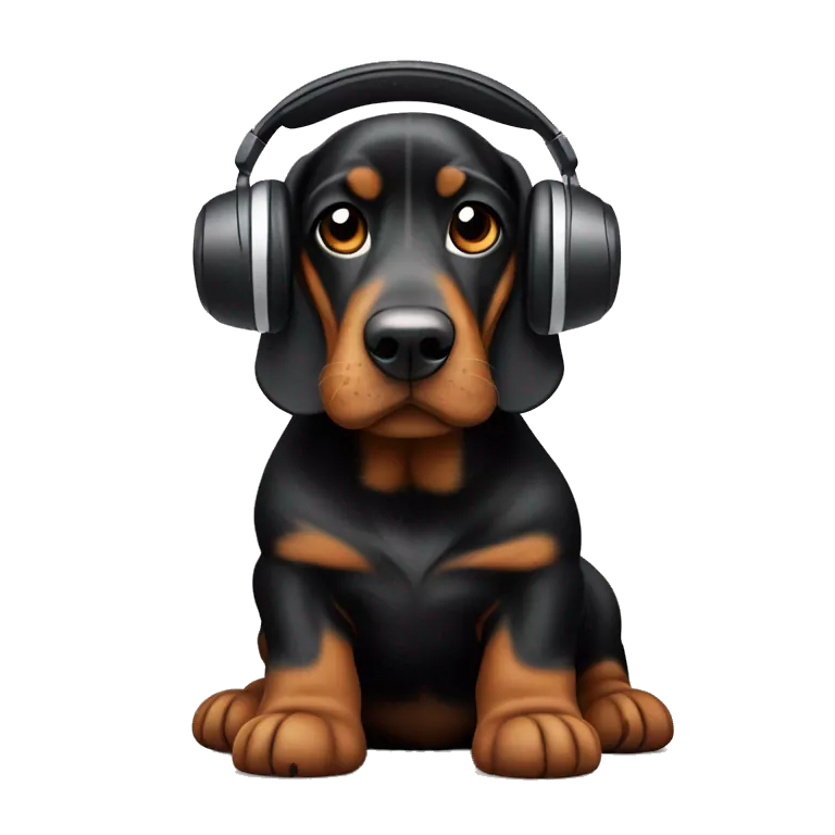 Black and tan bassett hound wearing headphones