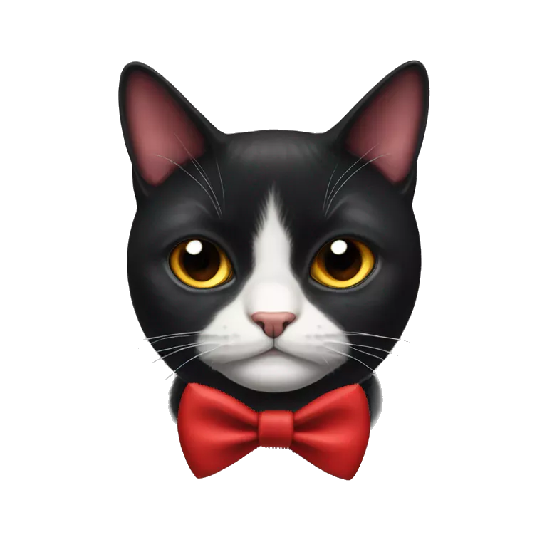 Grumpy black cat with white triangle marking under chin, wearing a red bow tie
