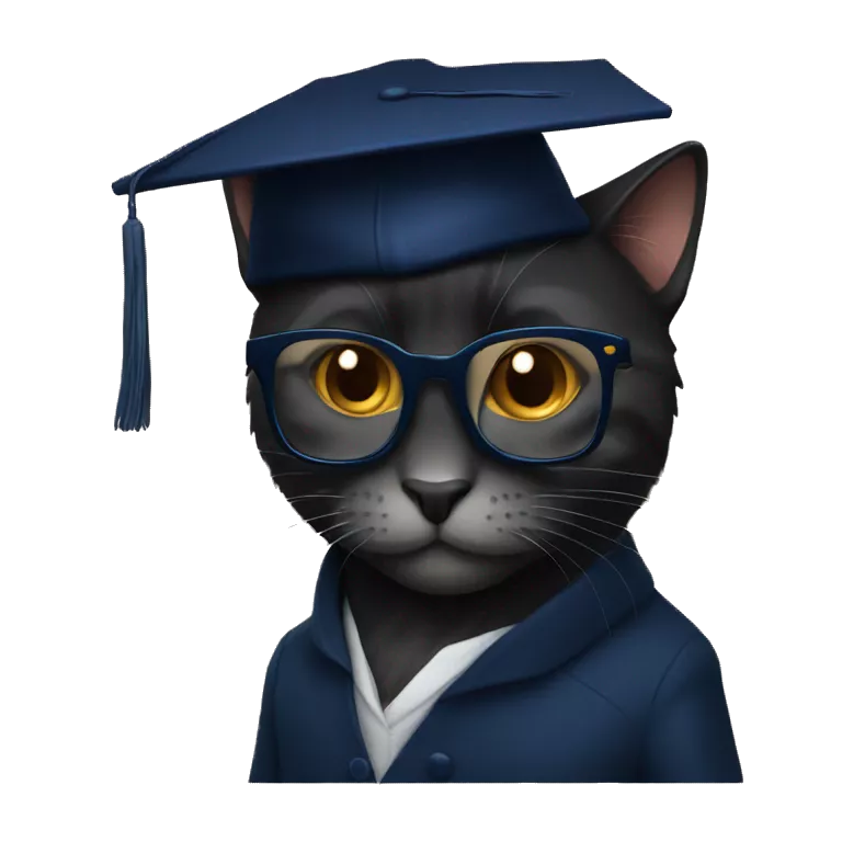 The student is a black wool cat in a dark blue suit, a square academic dark blue cap and golden glasses