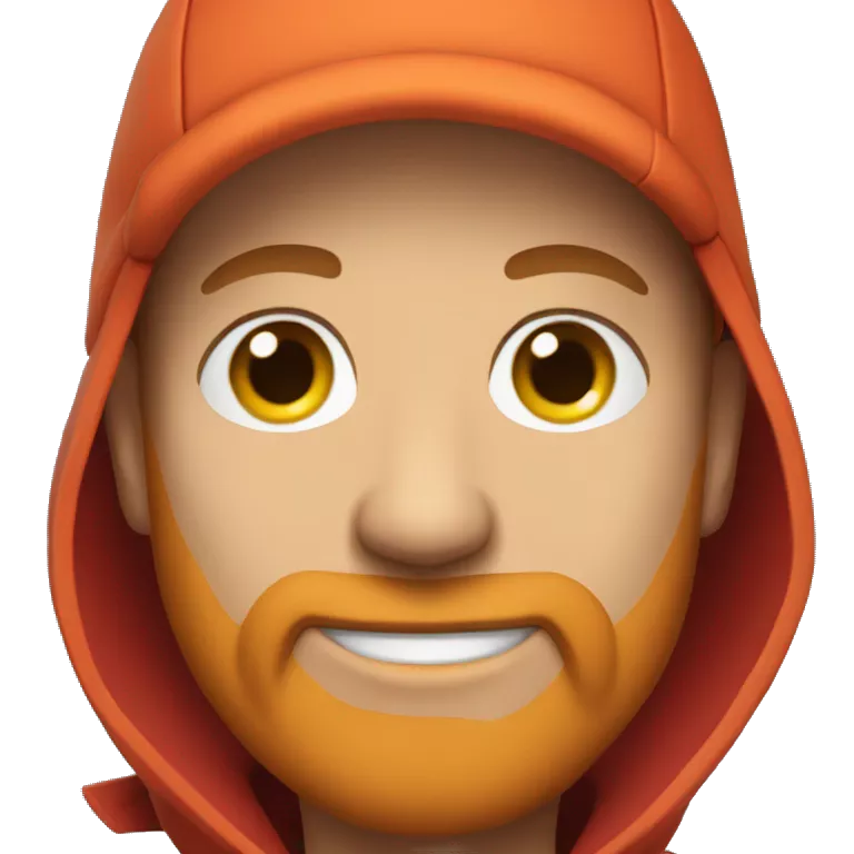 A young, bald man with an orange beard and a red jacket and cap