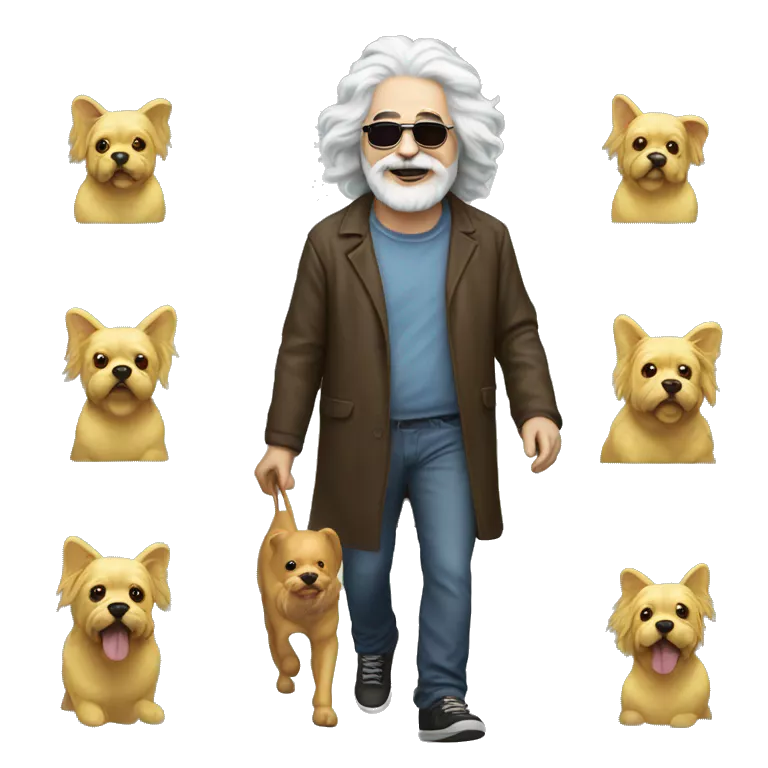 jerry garcia walking a dog with butter on its head
