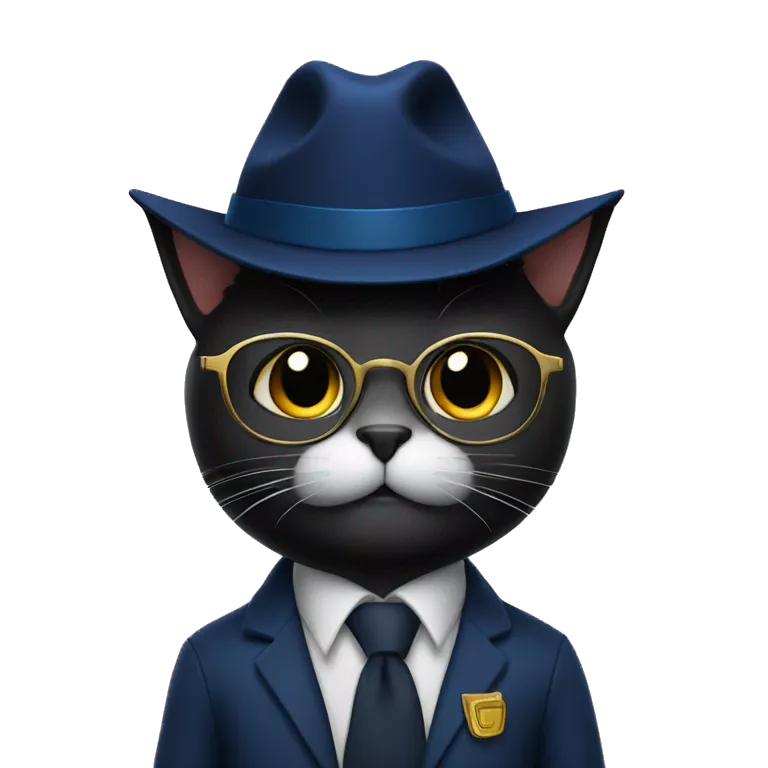 The student is a black wool cat in a dark blue suit, a square academic dark blue cap and golden glasses