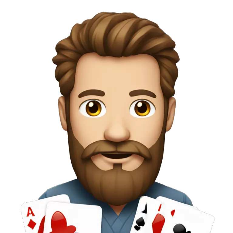 poker player with poker cards, brown hair and a full beard